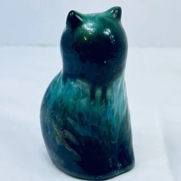 Vintage Small Blue Mountain Owl Ceramic Figurine Glazed Blue and Black - Picture 3 of 5